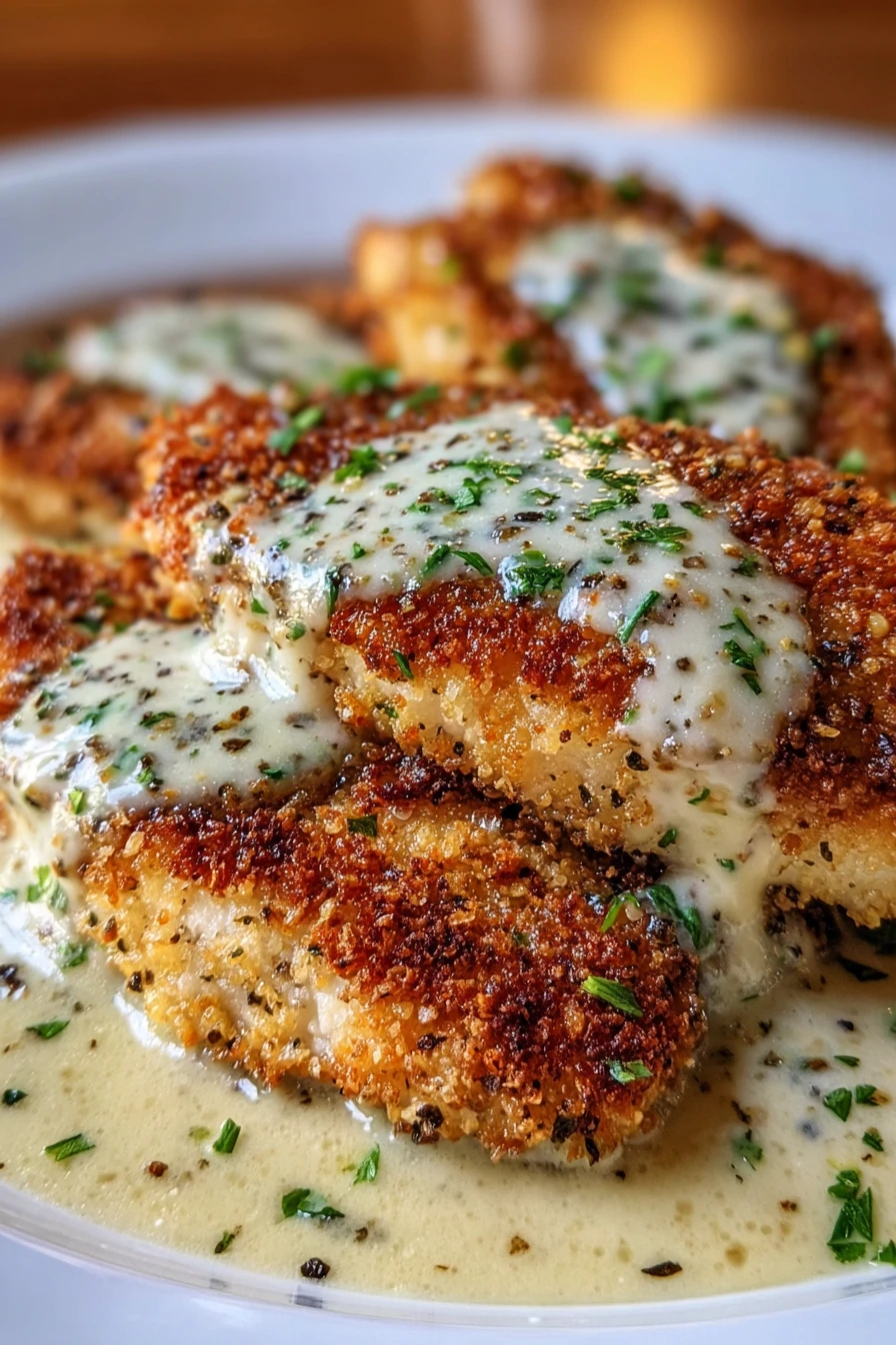 golden parmesan crusted chicken breast, creamy garlic herb sauce, savory, crispy, flavorful, delicious