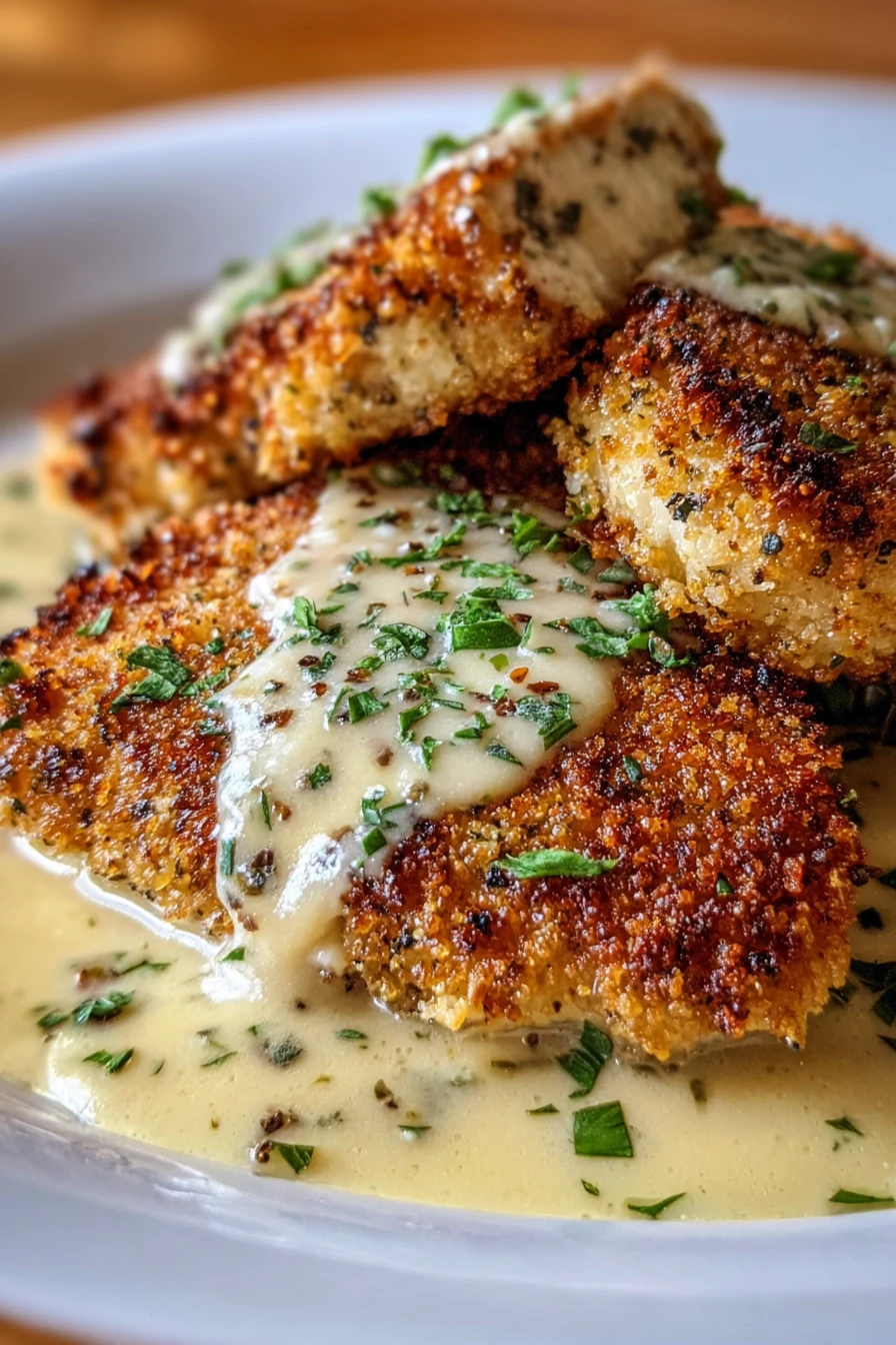 golden parmesan crusted chicken breast, creamy garlic herb sauce, savory, crispy, flavorful, delicious