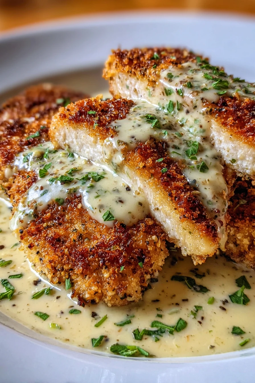 golden parmesan crusted chicken breast, creamy garlic herb sauce, savory, crispy, flavorful, delicious
