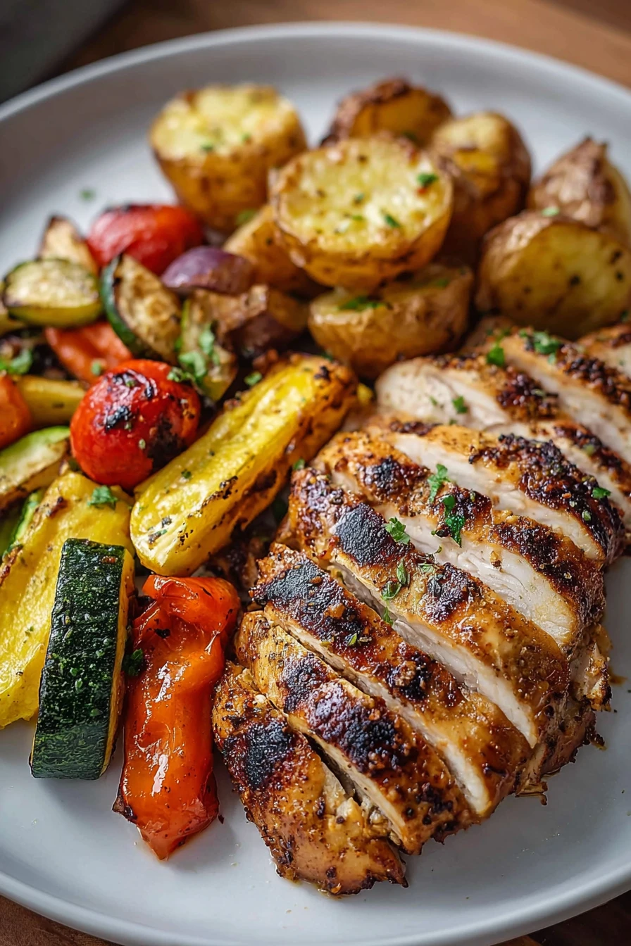 Grilled chicken, roasted veggies, crispy potatoes, savory, charred, mouth-watering, flavorful