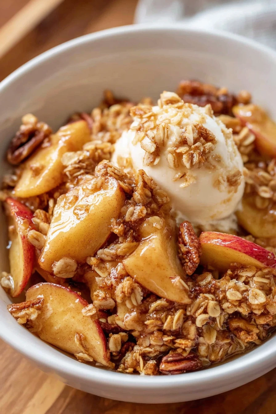 healthy apple crisp, delicious dessert, crunchy topping, sweet and tart, baked apples