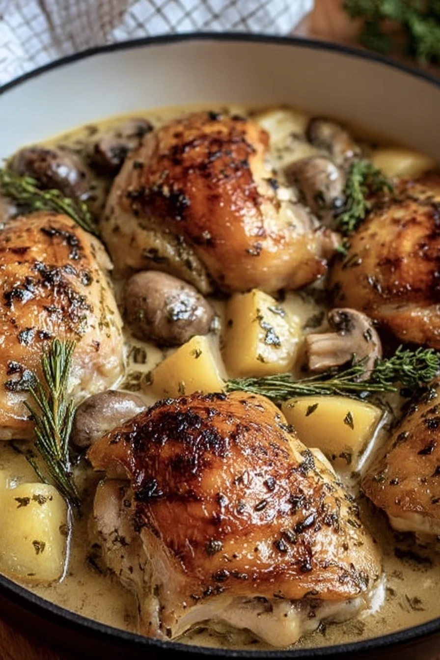 herb roasted chicken, creamy wine sauce, savory, tender, flavorful, aromatic, delicious