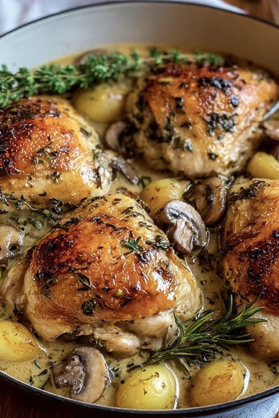 herb roasted chicken, creamy wine sauce, savory, tender, flavorful, aromatic, delicious