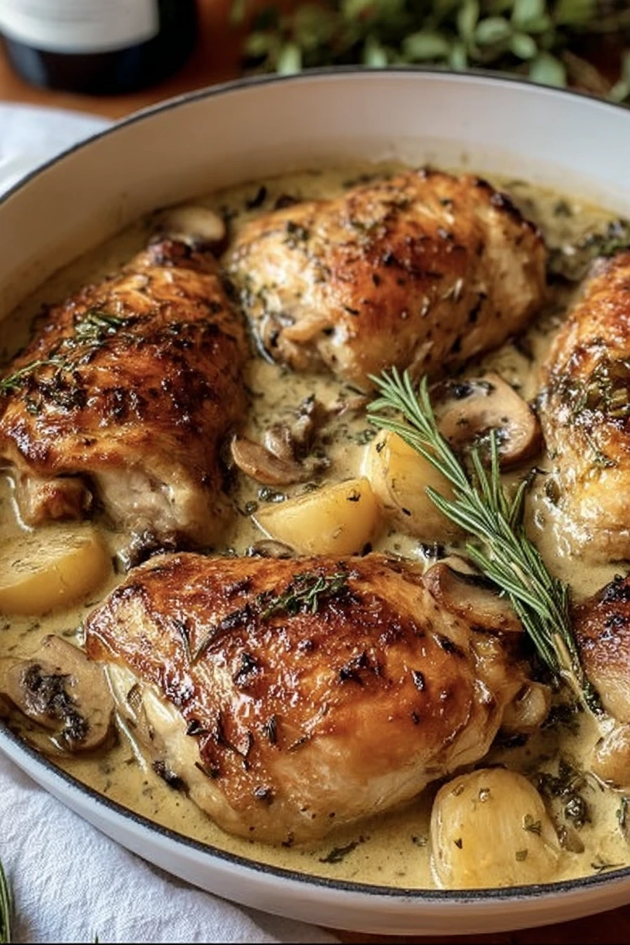 herb roasted chicken, creamy wine sauce, savory, tender, flavorful, aromatic, delicious