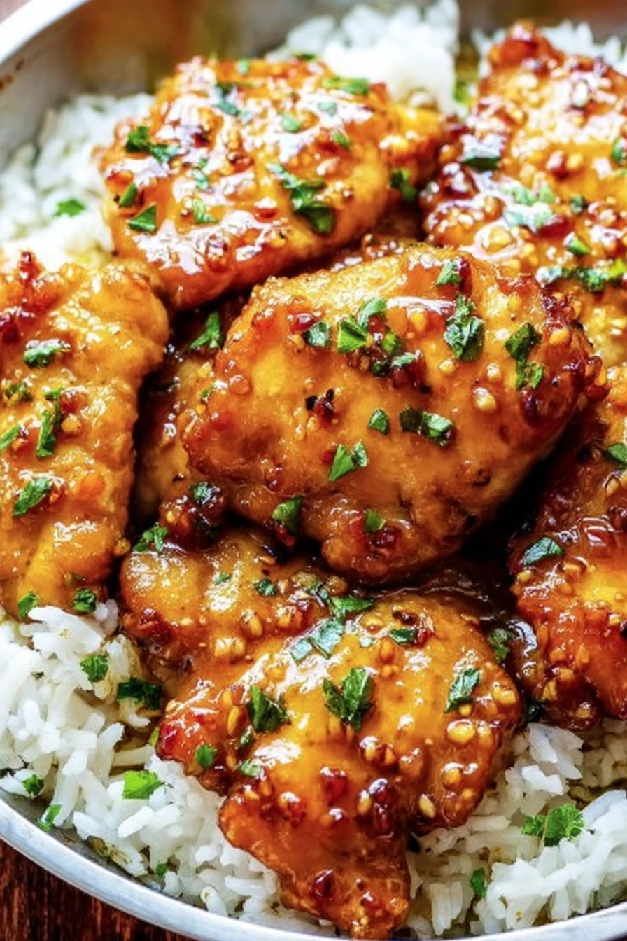 honey garlic chicken thighs, savory, sticky, flavorful, tender, juicy, delicious, dinner entree