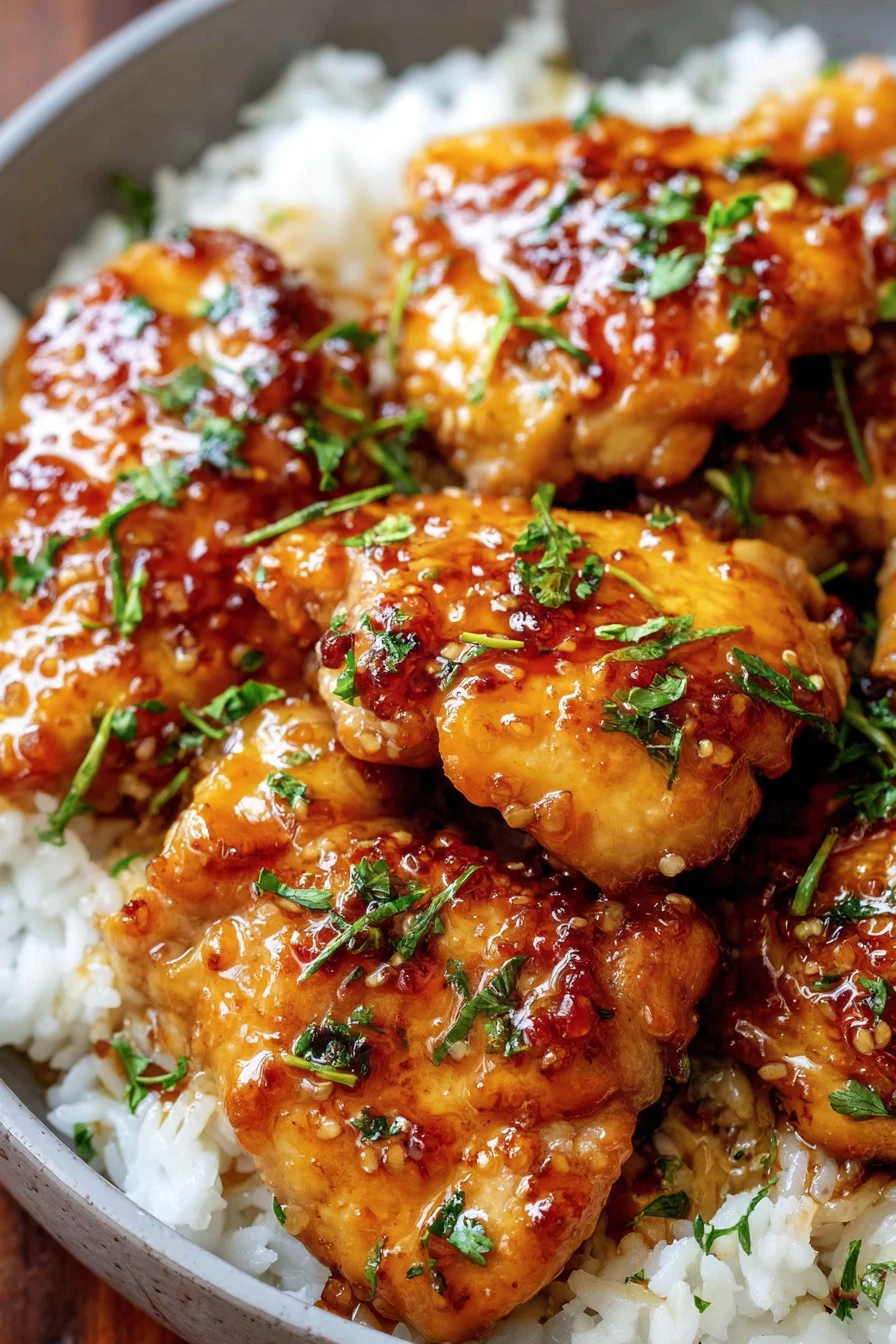 honey garlic chicken thighs, savory, sticky glaze, tender meat, flavorful herbs