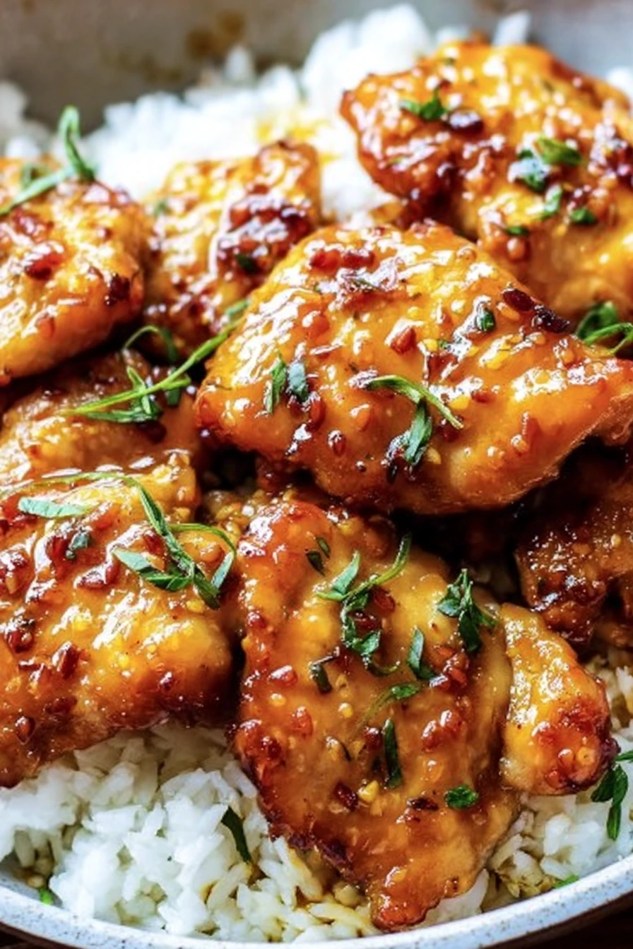 honey garlic chicken thighs, savory, sticky, flavorful, tender, juicy, delicious, dinner entree