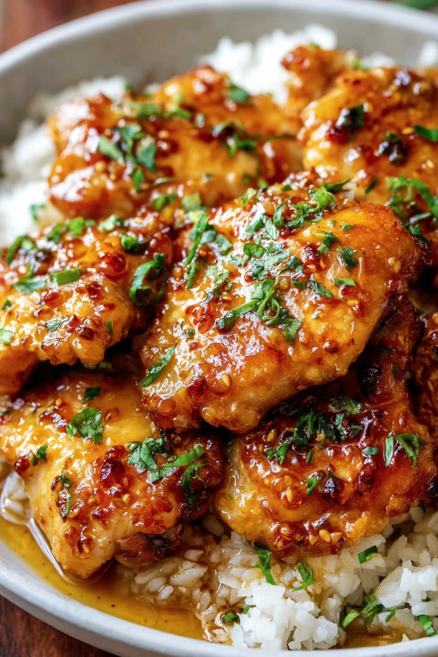 honey garlic chicken thighs, savory, sticky glaze, tender meat, flavorful herbs