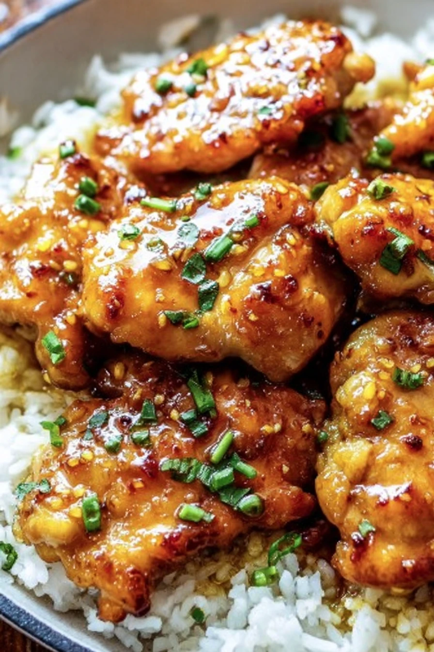 honey garlic chicken thighs, savory, sticky, flavorful, tender, juicy, delicious, dinner entree