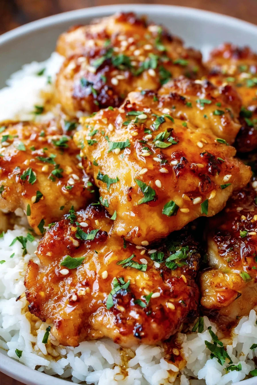 honey garlic chicken thighs, savory, sticky glaze, tender meat, flavorful herbs