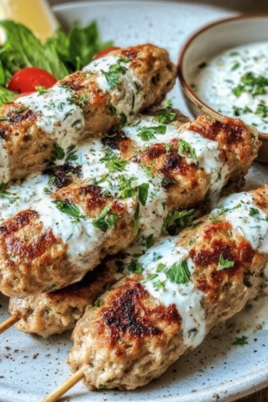 chicken kofta, creamy garlic yogurt sauce, irresistible, savory, flavorful, aromatic spices