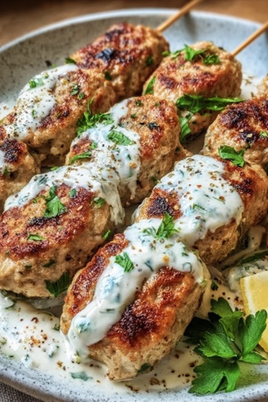 chicken kofta, creamy garlic yogurt sauce, irresistible, savory, flavorful, aromatic spices