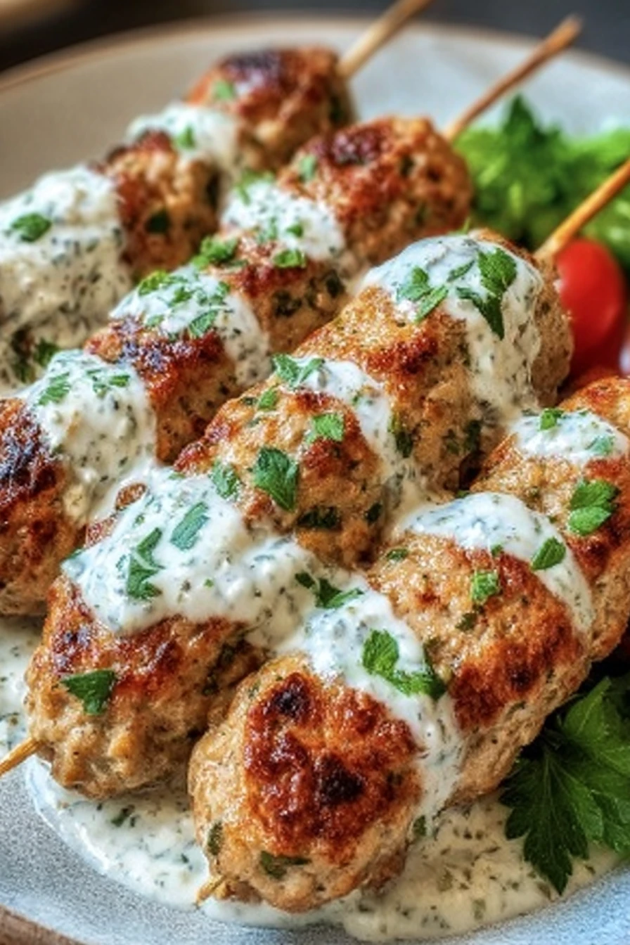 chicken kofta, creamy garlic yogurt sauce, irresistible, savory, flavorful, aromatic spices