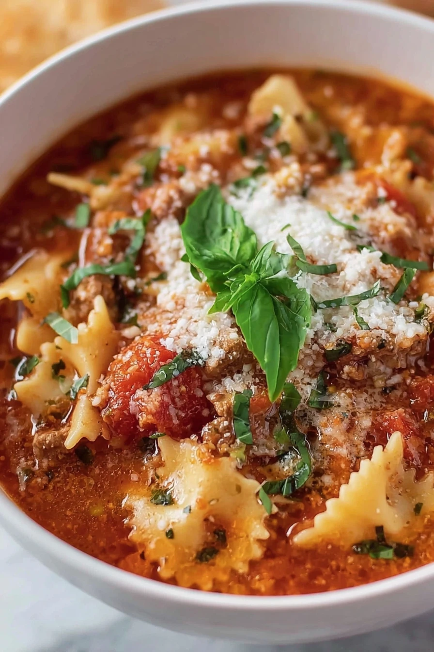 lasagna soup, hearty, comforting, savory, cheesy, Italian flavors, delicious broth