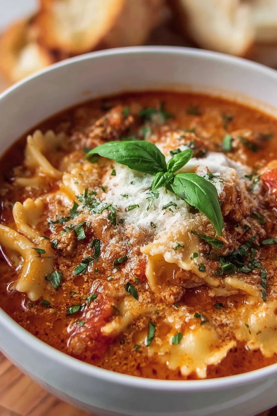 lasagna soup, hearty, comforting, savory, cheesy, Italian flavors, delicious broth
