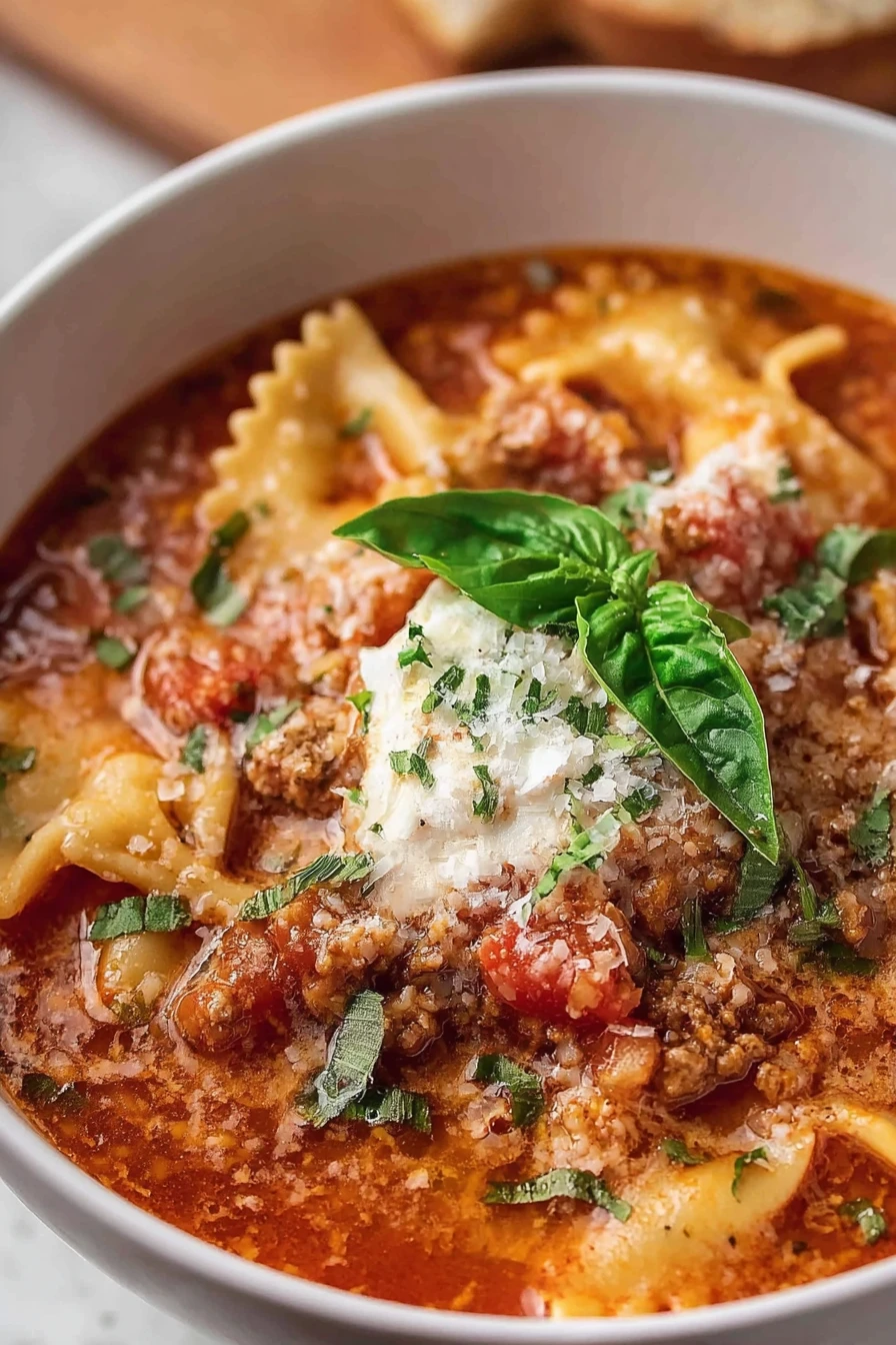 lasagna soup, hearty, comforting, savory, cheesy, Italian flavors, delicious broth