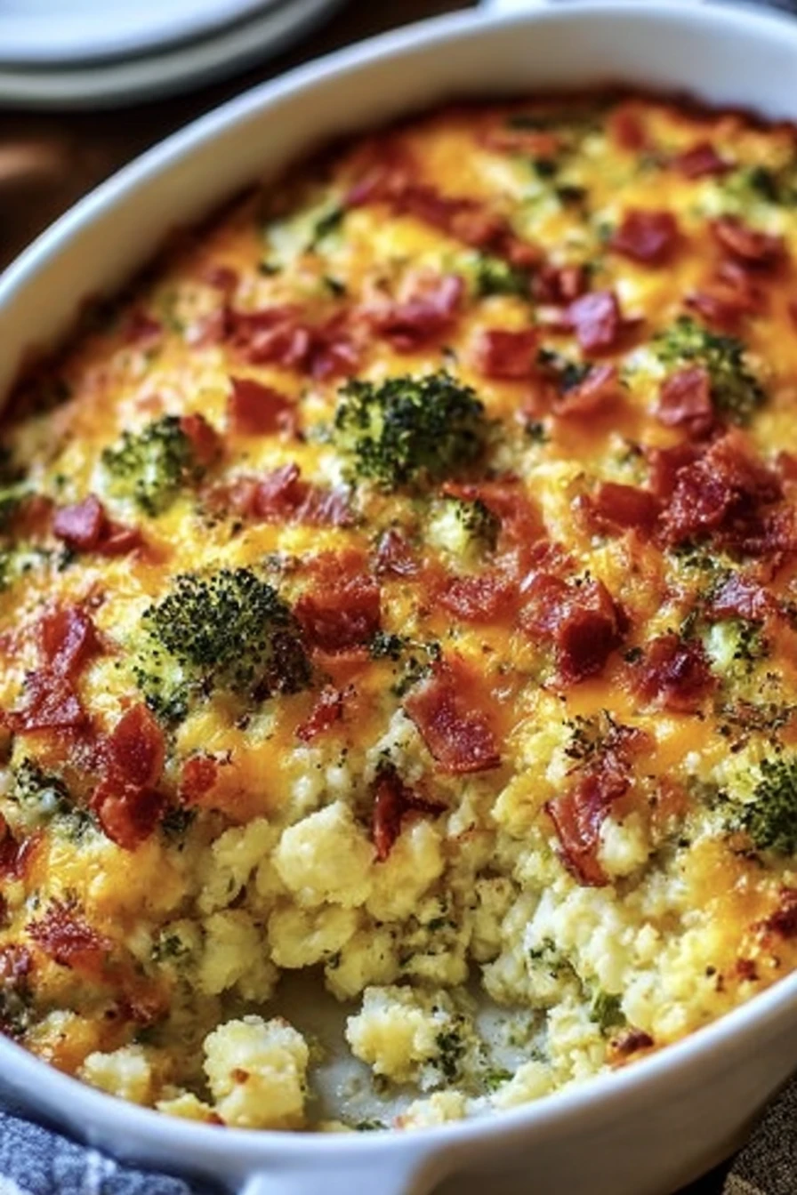loaded cauliflower, broccoli casserole, cheesy, creamy, delicious, baked