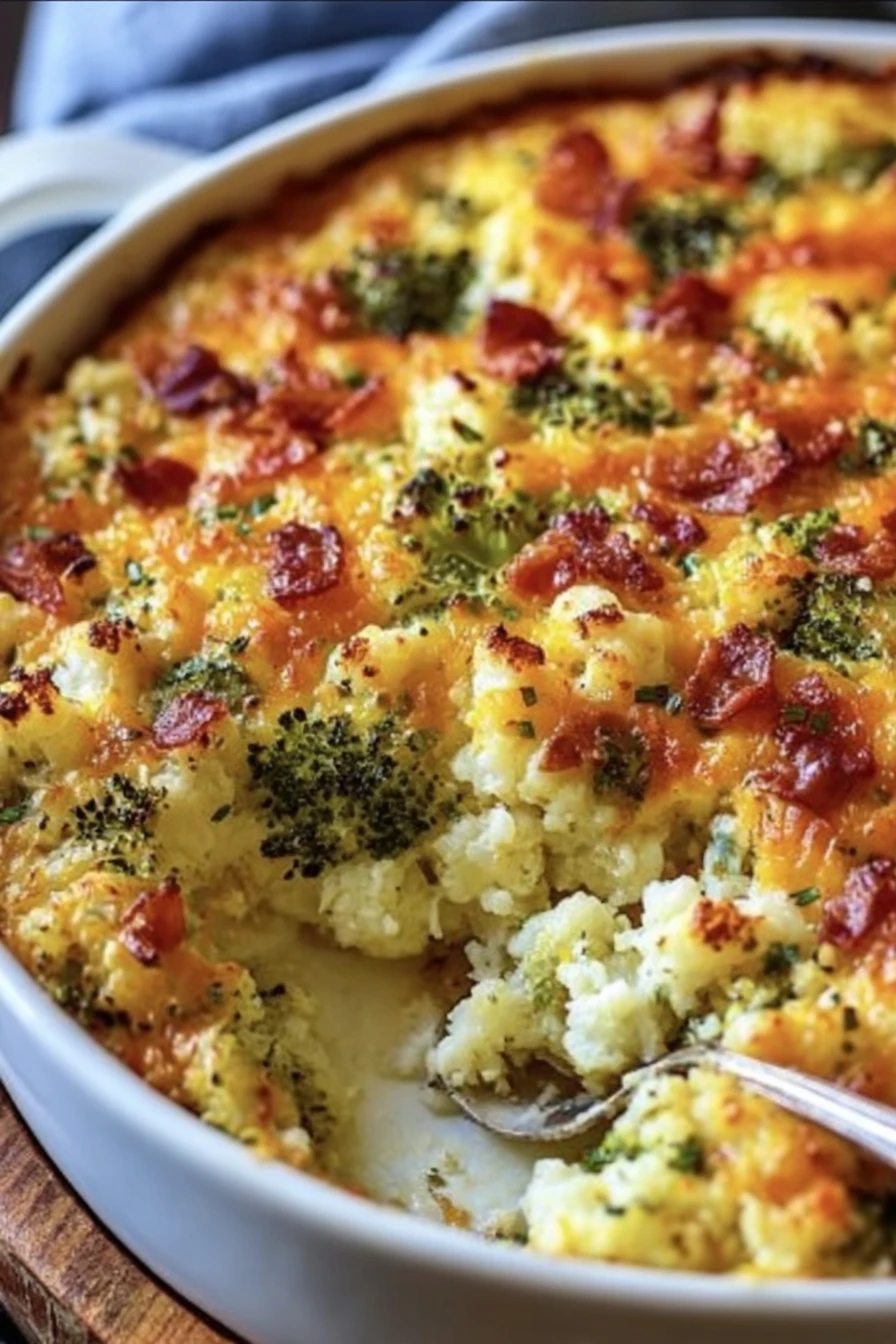 loaded cauliflower, broccoli casserole, cheesy, creamy, delicious, baked