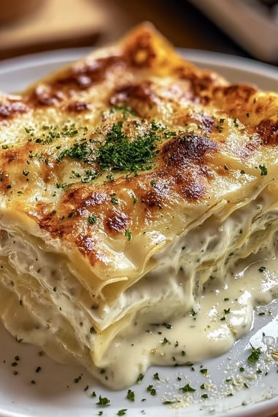 perfect creamy white lasagna, delicious, cheesy, comfort food, savory herbs