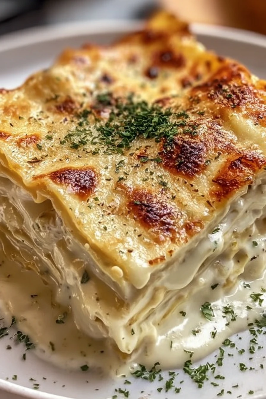 perfect creamy white lasagna, delicious, cheesy, comfort food, savory herbs