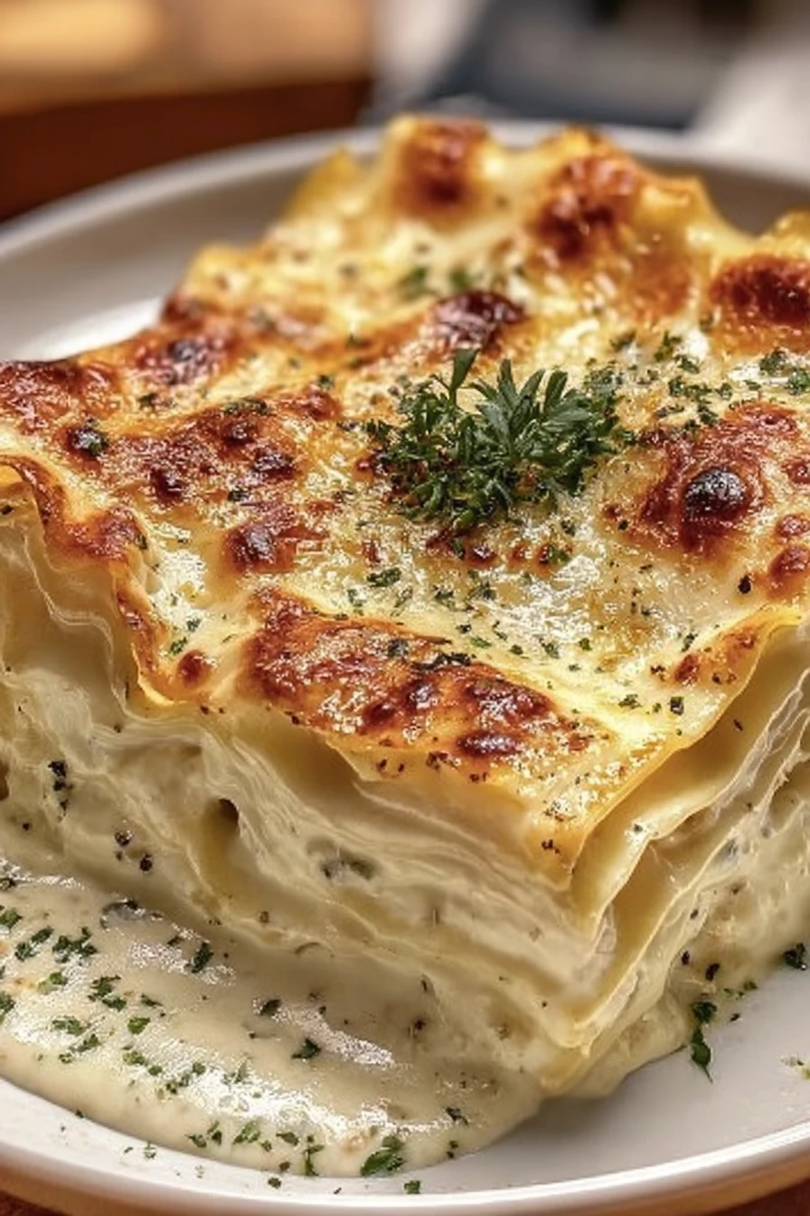 perfect creamy white lasagna, delicious, cheesy, comfort food, savory herbs