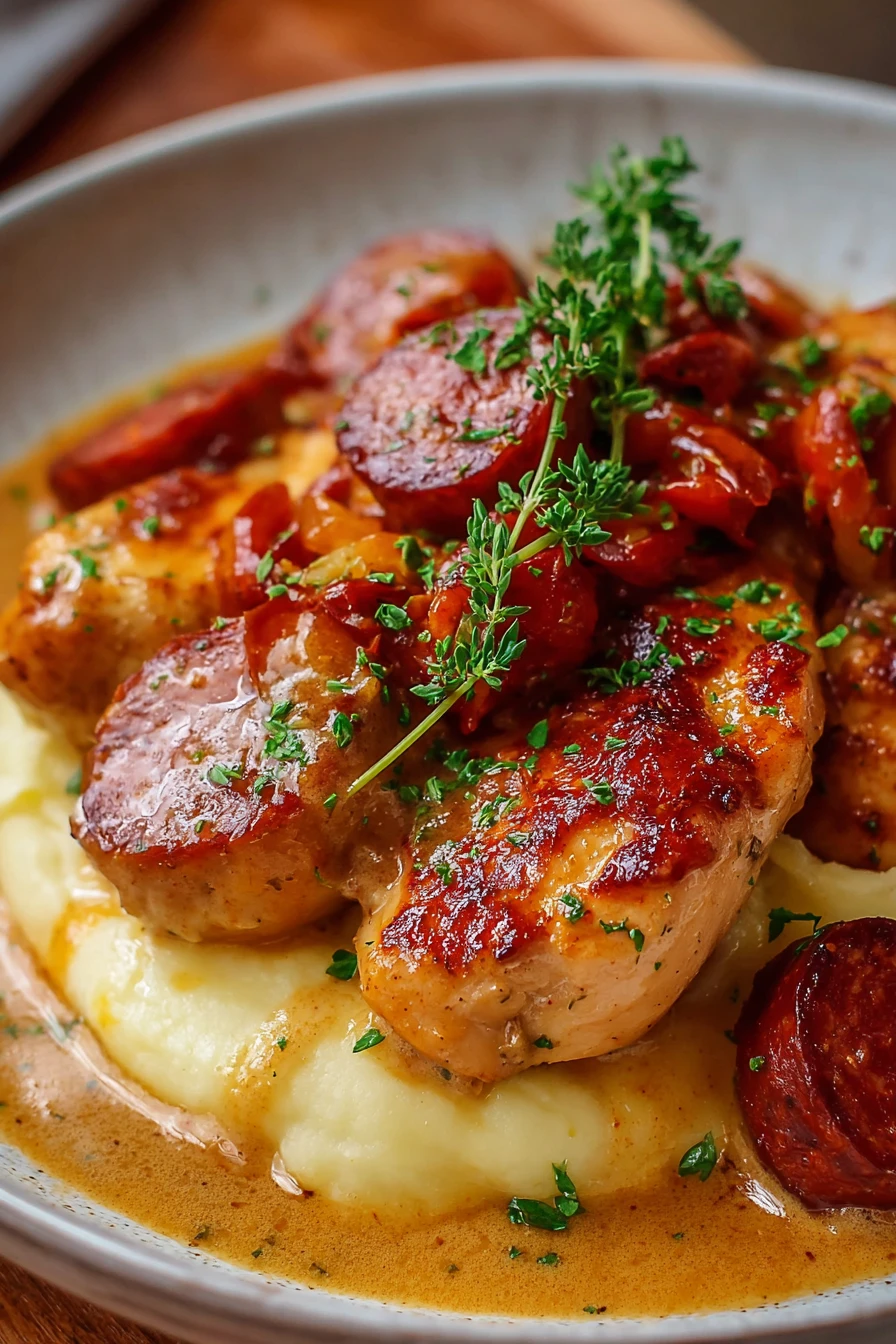Poulet Fondant au Chorizo, succulent chicken, spicy sausage, flavorful dish