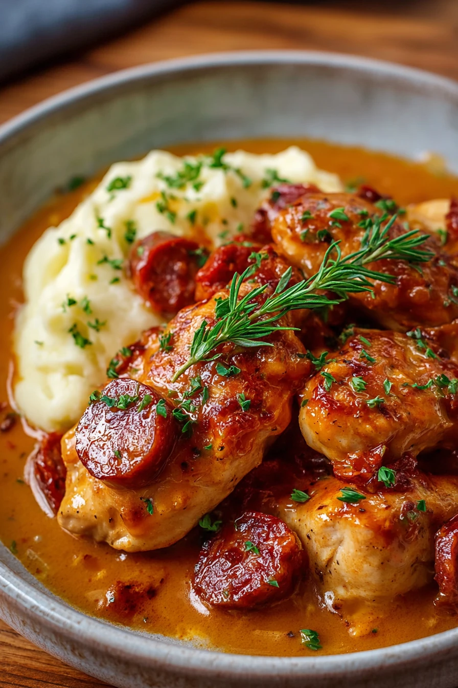 Poulet Fondant au Chorizo, succulent chicken, spicy sausage, flavorful dish