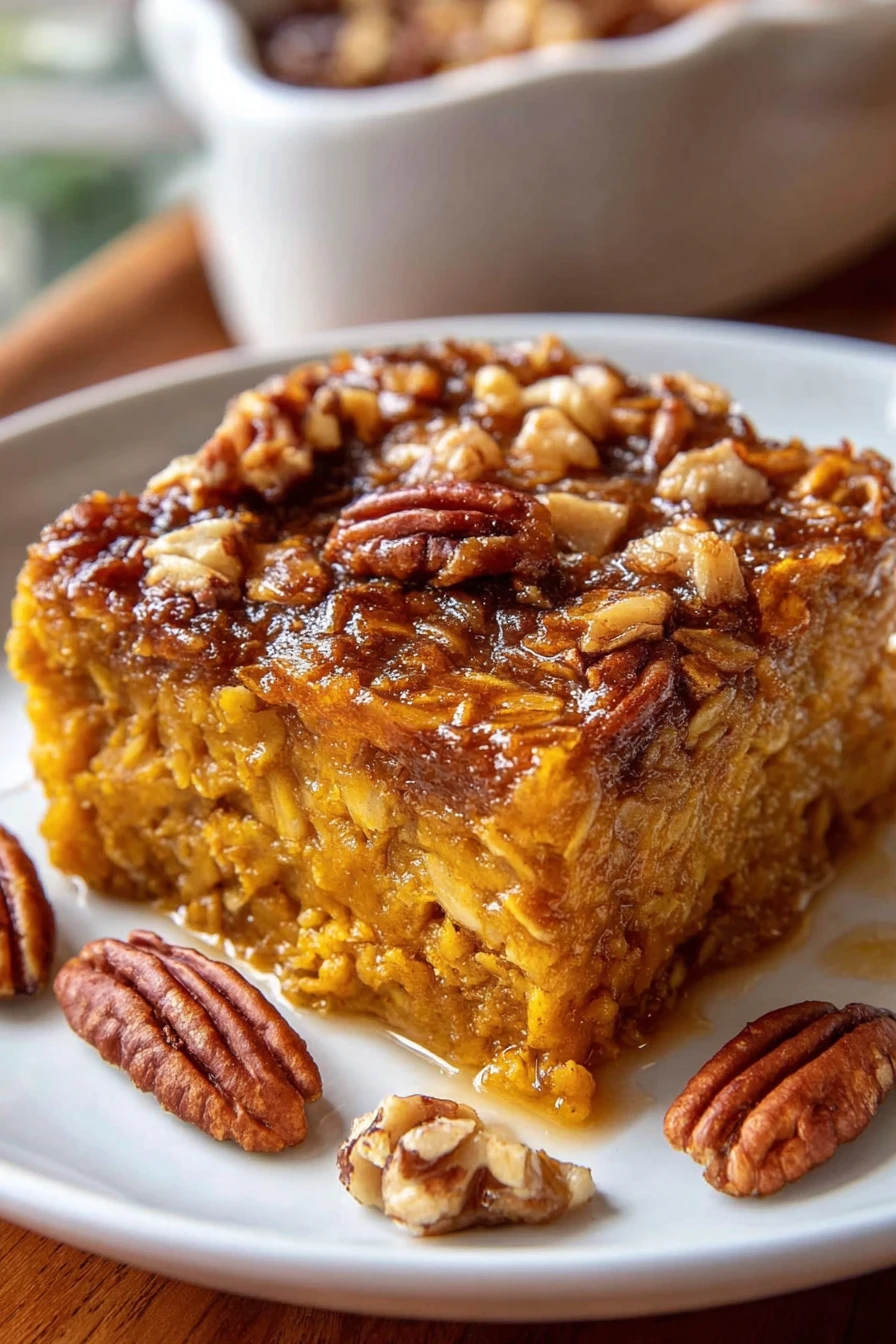 pumpkin oatmeal bake, delicious autumn treat, hearty, warm, cinnamon-spiced, cozy, comforting