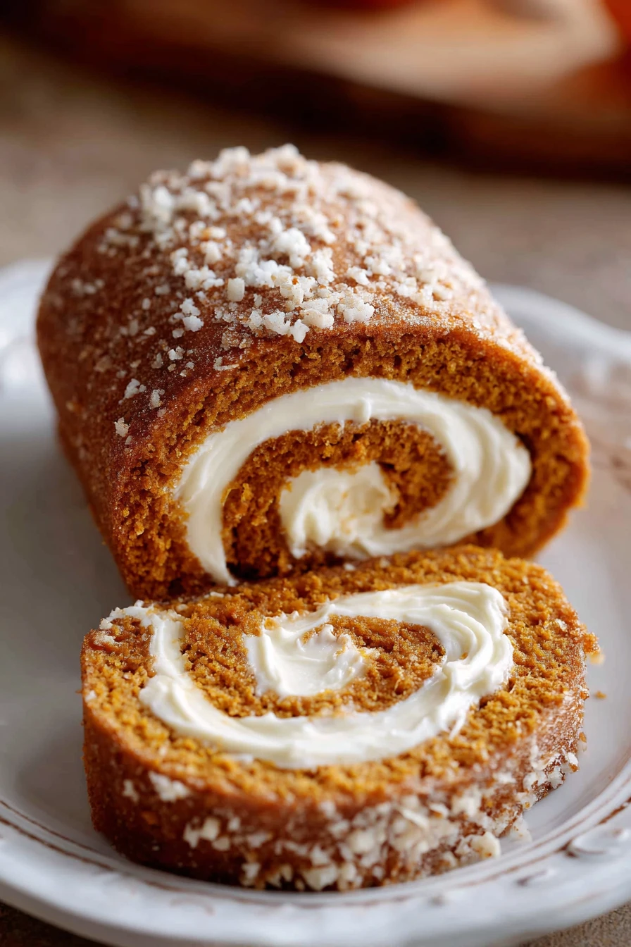 pumpkin roll, silky cream cheese frosting, decadent, autumn flavors, moist and flavorful