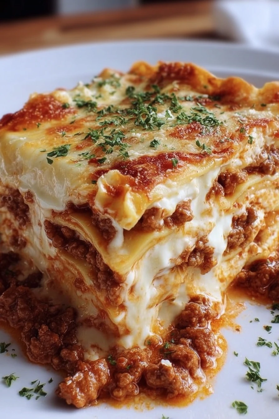 quick classic lasagna recipe, cheesy layers, savory meat sauce, aromatic herbs, melted mozzarella, satisfying comfort food
