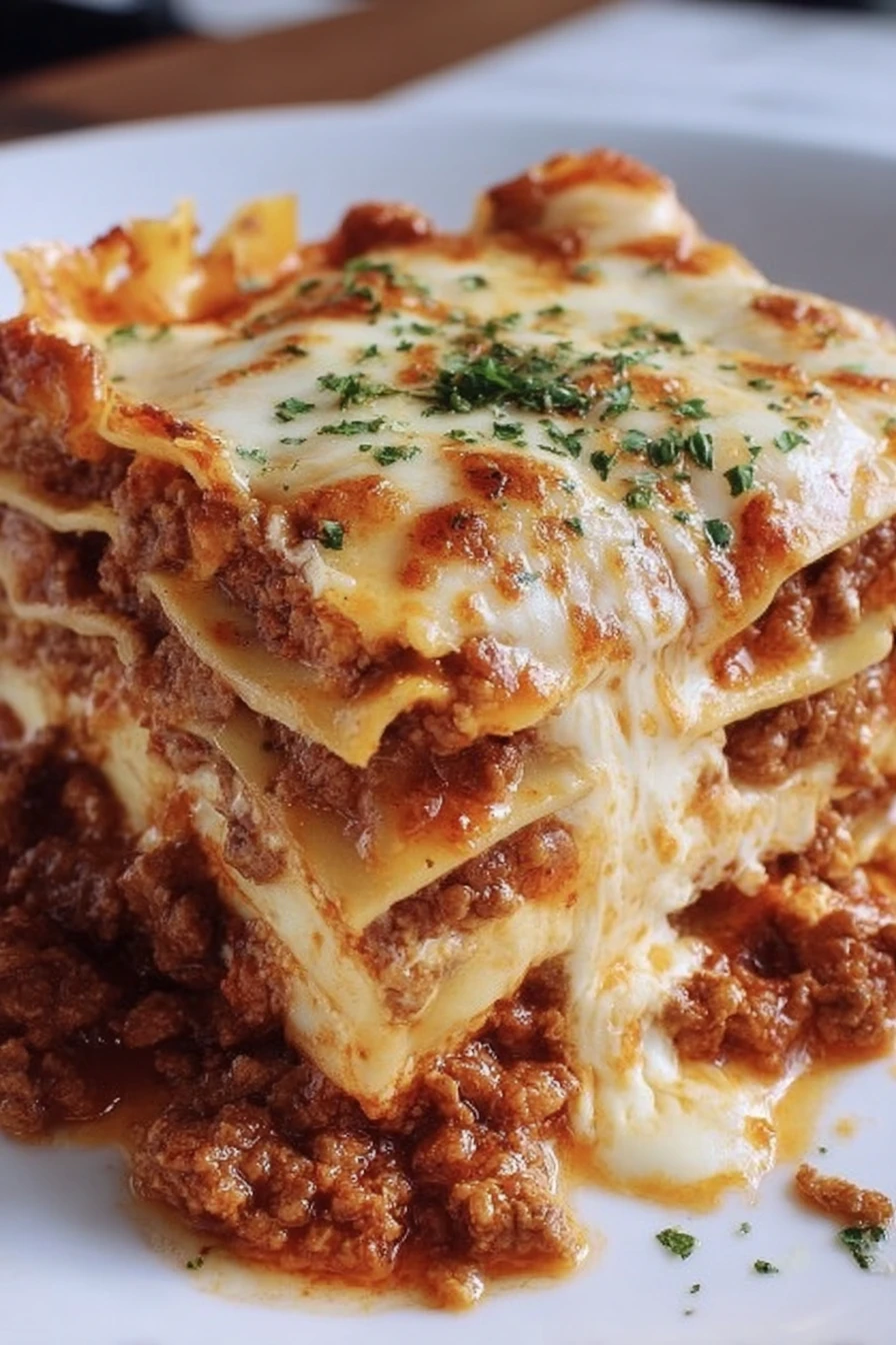 quick classic lasagna recipe, cheesy layers, savory meat sauce, aromatic herbs, melted mozzarella, satisfying comfort food
