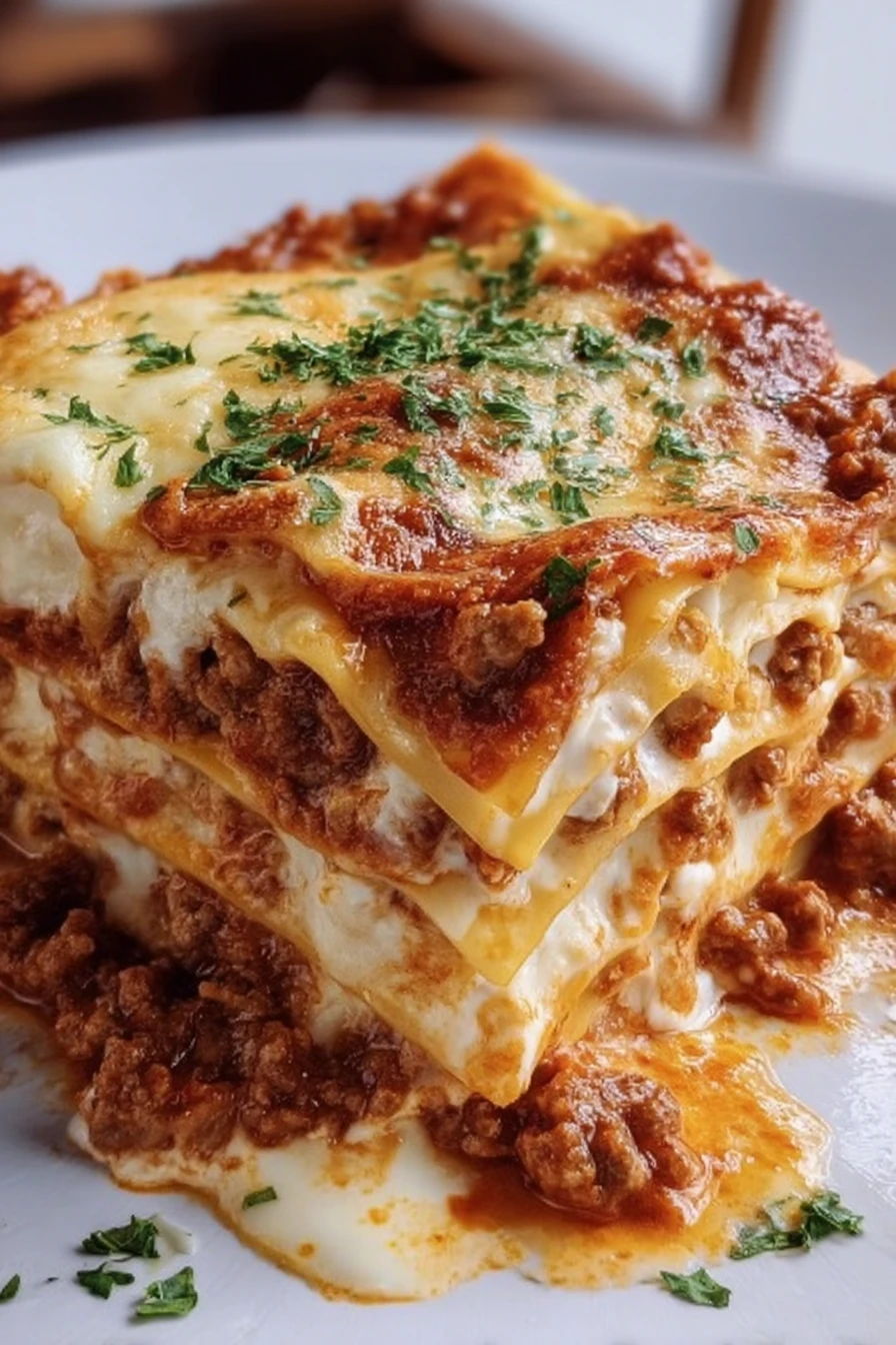 quick classic lasagna recipe, cheesy layers, savory meat sauce, aromatic herbs, melted mozzarella, satisfying comfort food