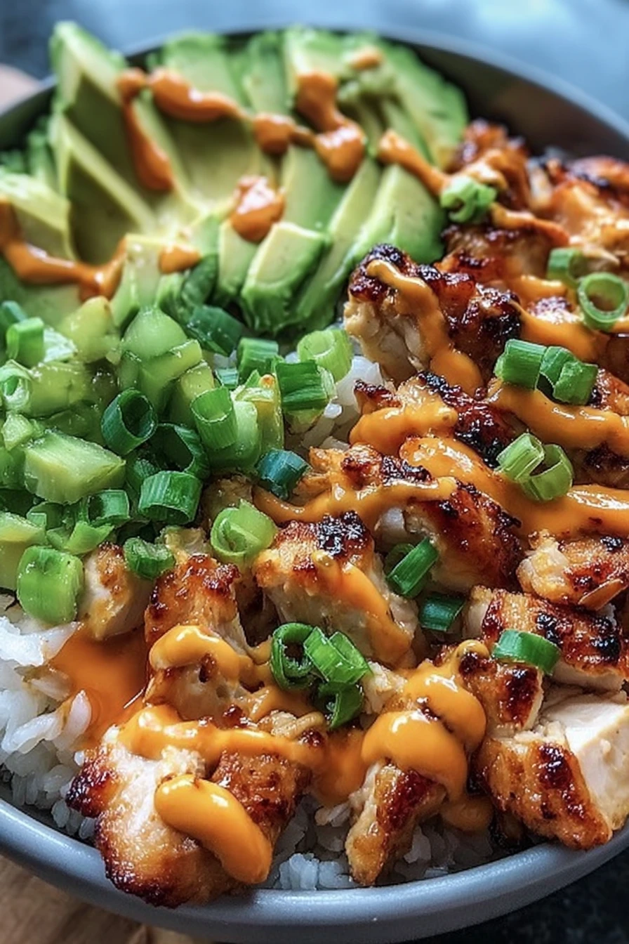quick and easy, bang bang chicken, flavorful, spicy, delicious bowl