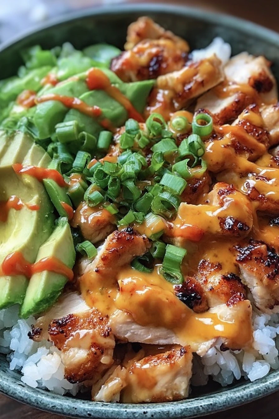 quick and easy, bang bang chicken, flavorful, spicy, delicious bowl