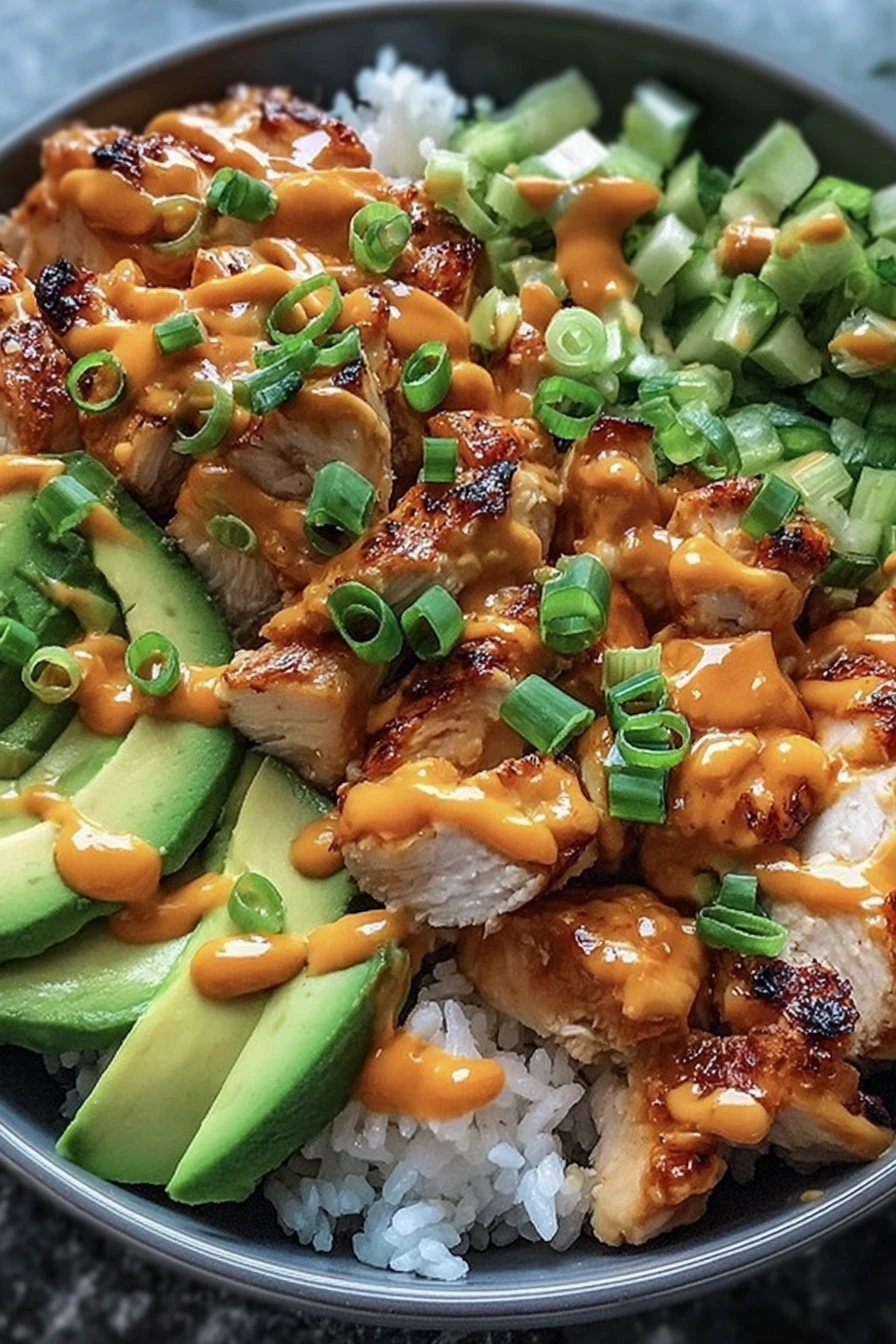 quick and easy, bang bang chicken, flavorful, spicy, delicious bowl