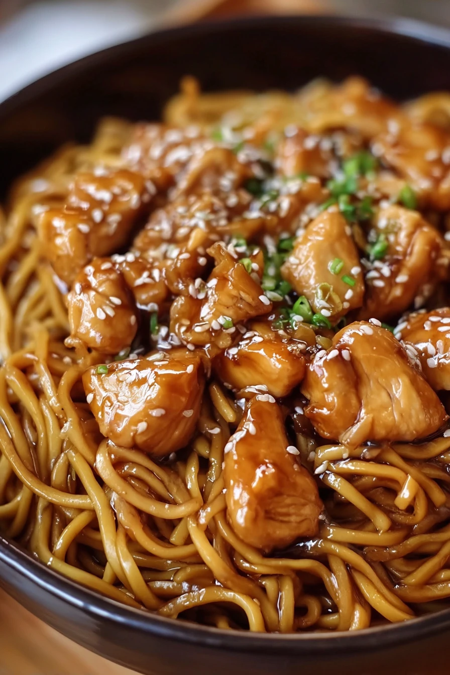 quick, sassy, honey garlic chicken, flavorful noodles, savory sauce