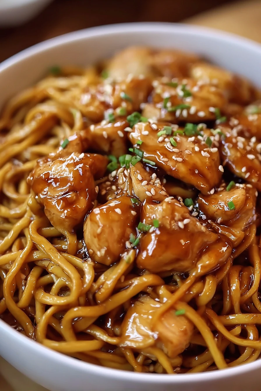 quick, sassy, honey garlic chicken, flavorful noodles, savory sauce