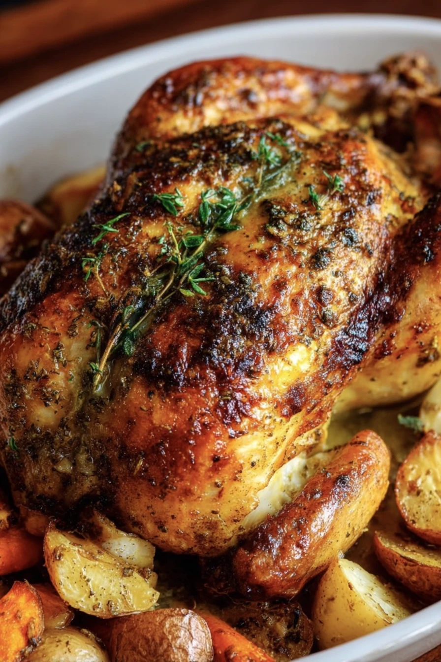roasted chicken, whole bird, golden brown, juicy, savory herbs