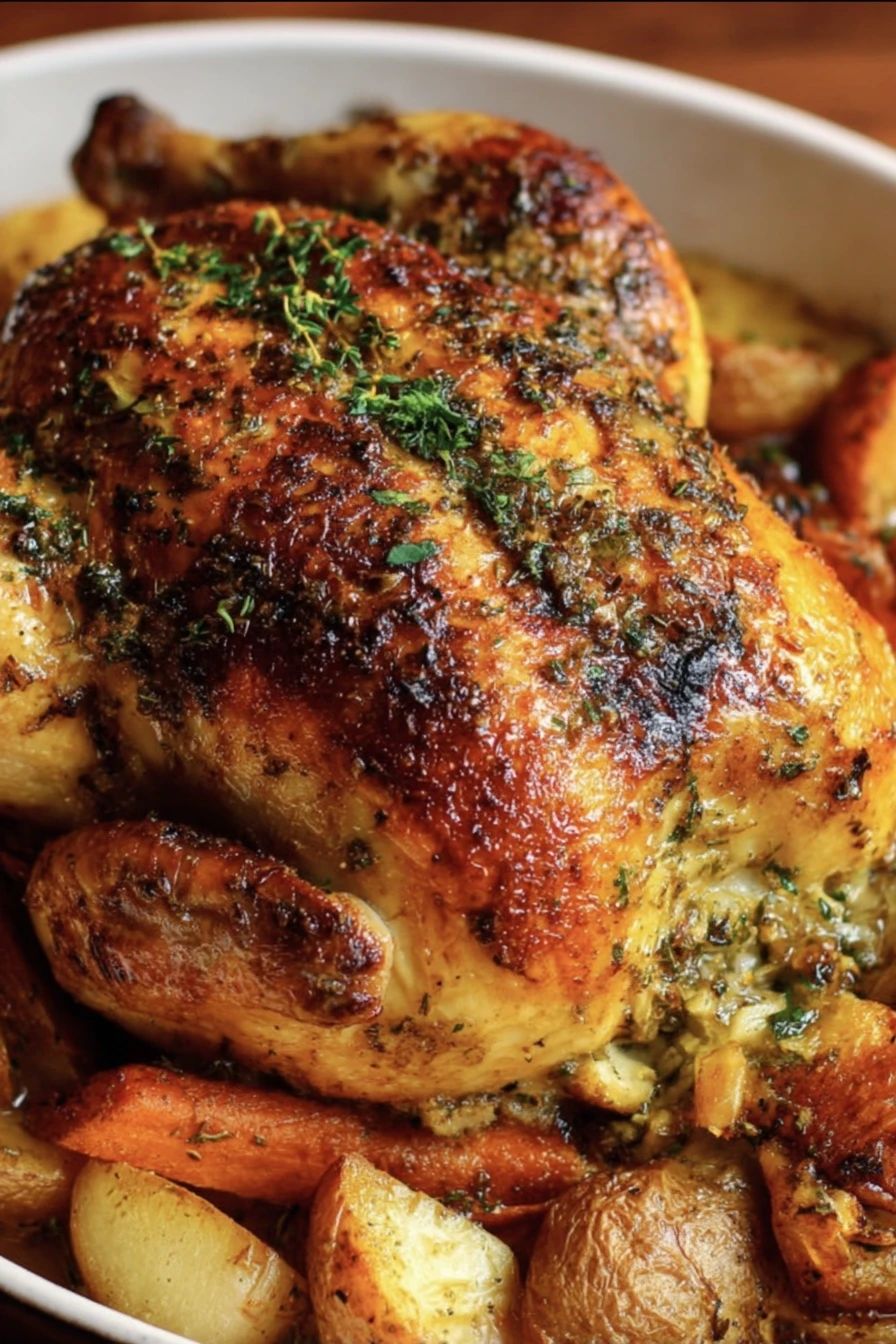 roasted chicken, whole bird, golden brown, juicy, savory herbs