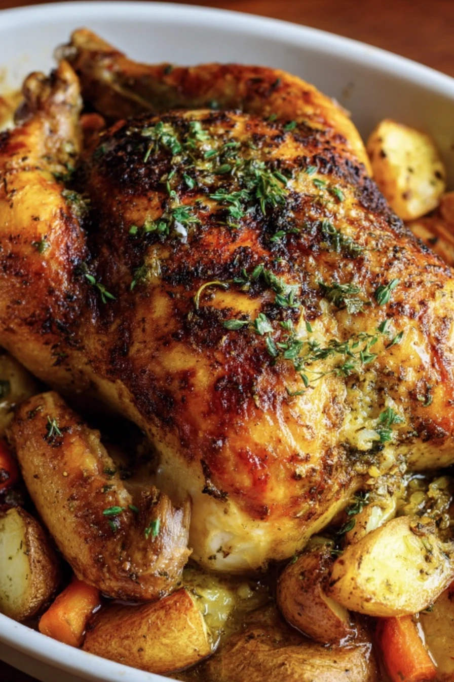 roasted chicken, whole bird, golden brown, juicy, savory herbs