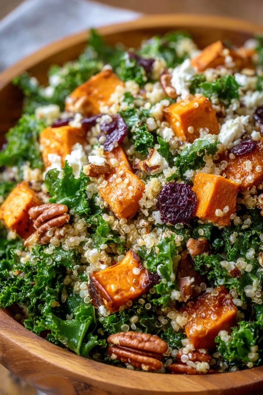 roasted sweet potato, kale, quinoa, nutritious, colorful, hearty salad