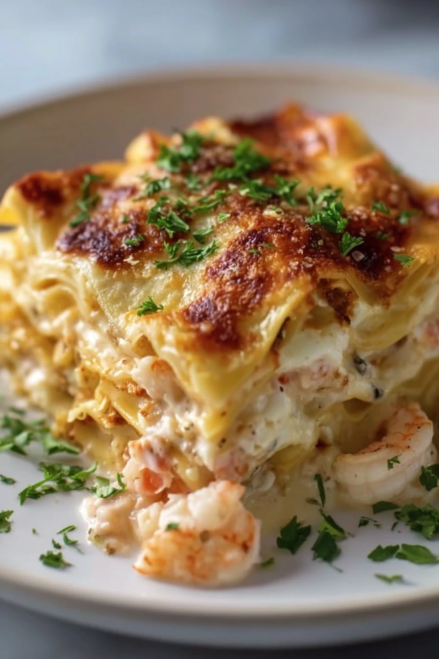 seafood lasagna, savory layers, cheesy, creamy, aromatic, delicious