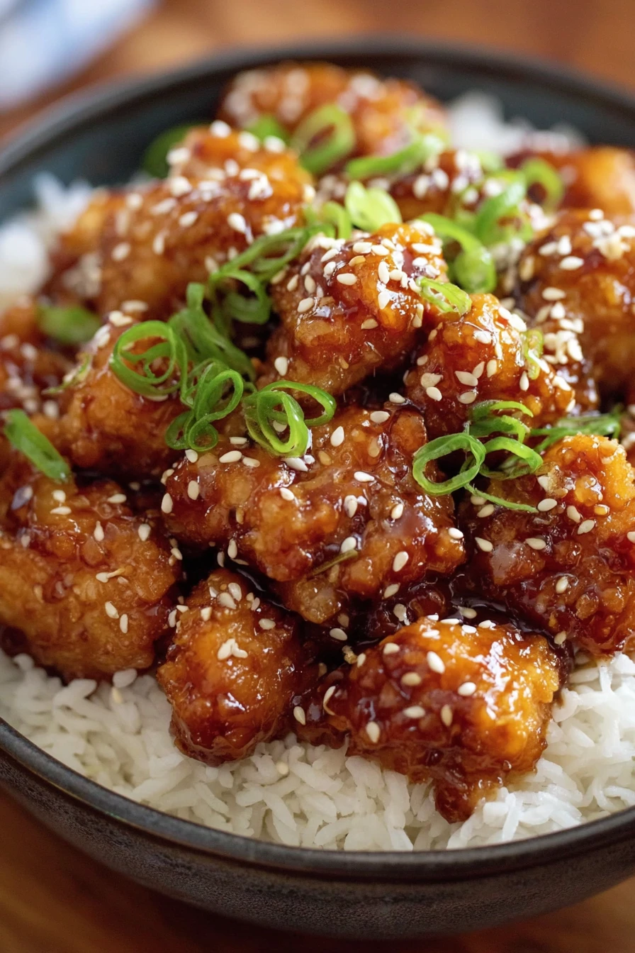 sesame chicken, crispy coating, savory sauce, tender meat, Asian cuisine
