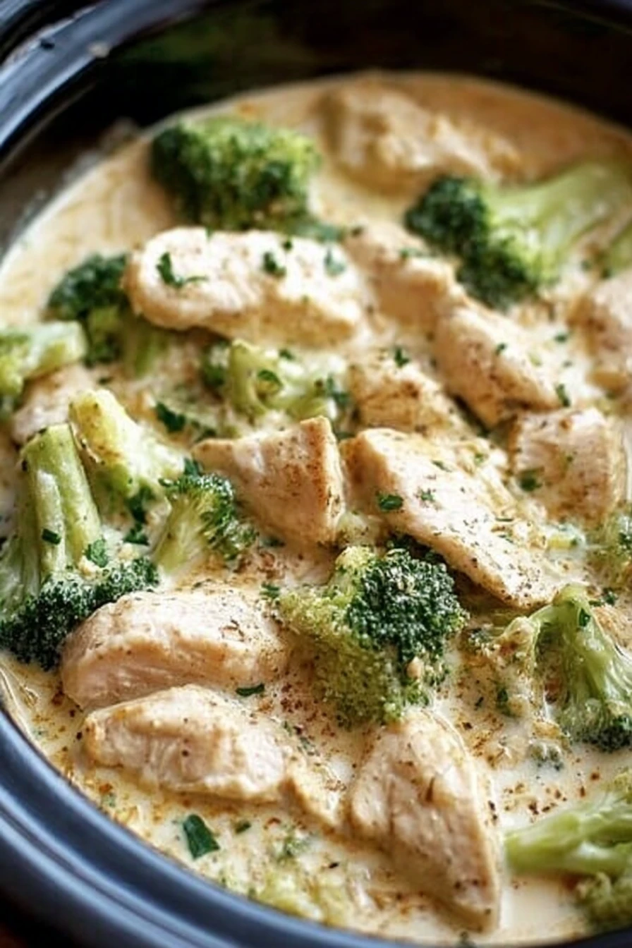 slow cooker chicken alfredo, broccoli, creamy, savory, comforting, delicious