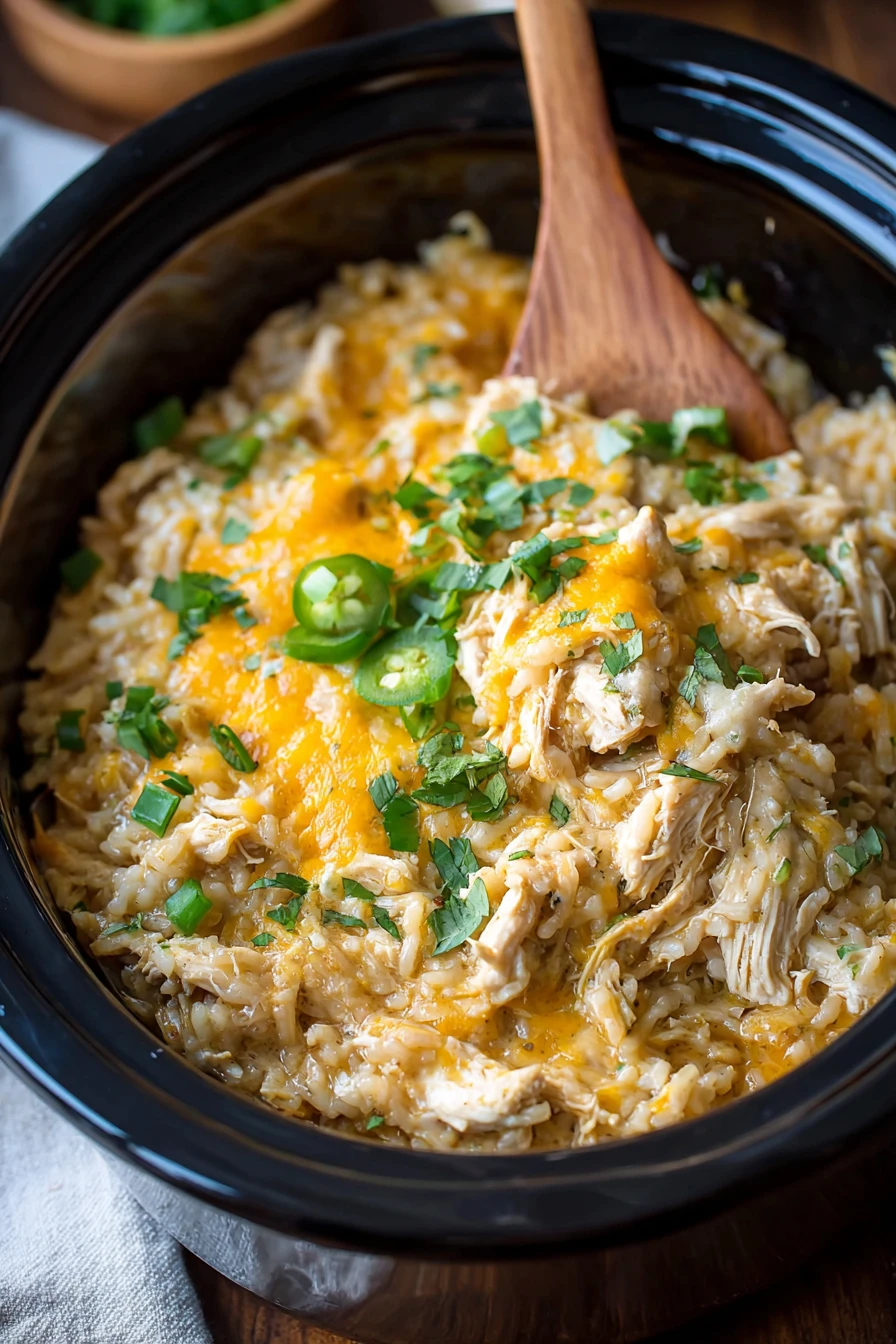 slow cooker, green chile chicken, rice casserole, savory, flavorful, comforting