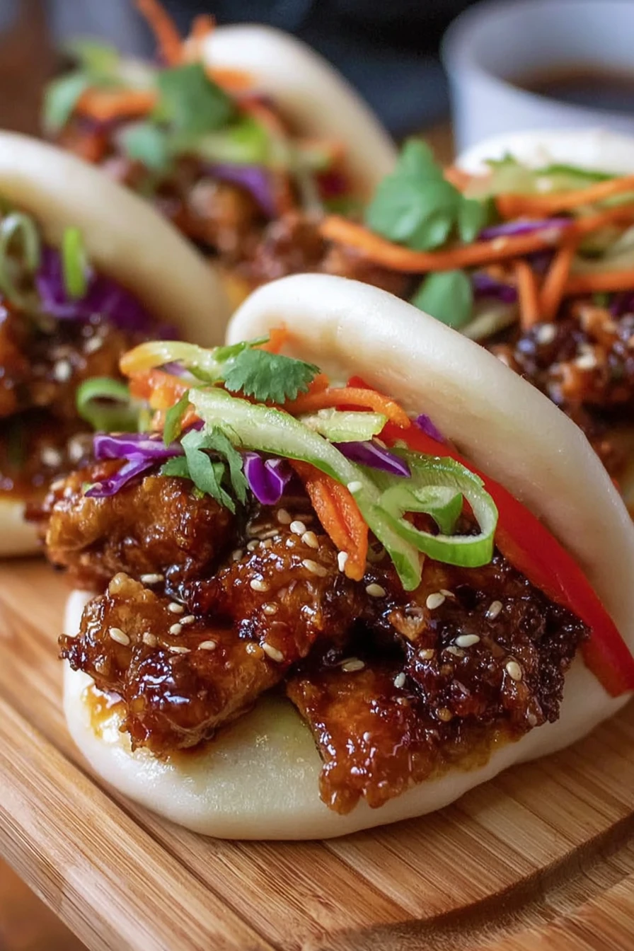 Sticky Crispy Chicken Bao Buns, savory, crunchy, Asian fusion, delicious, street food