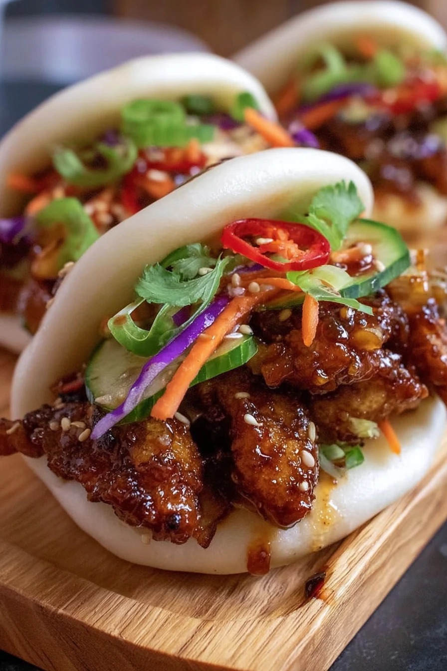 Sticky Crispy Chicken Bao Buns, savory, crunchy, Asian fusion, delicious, street food