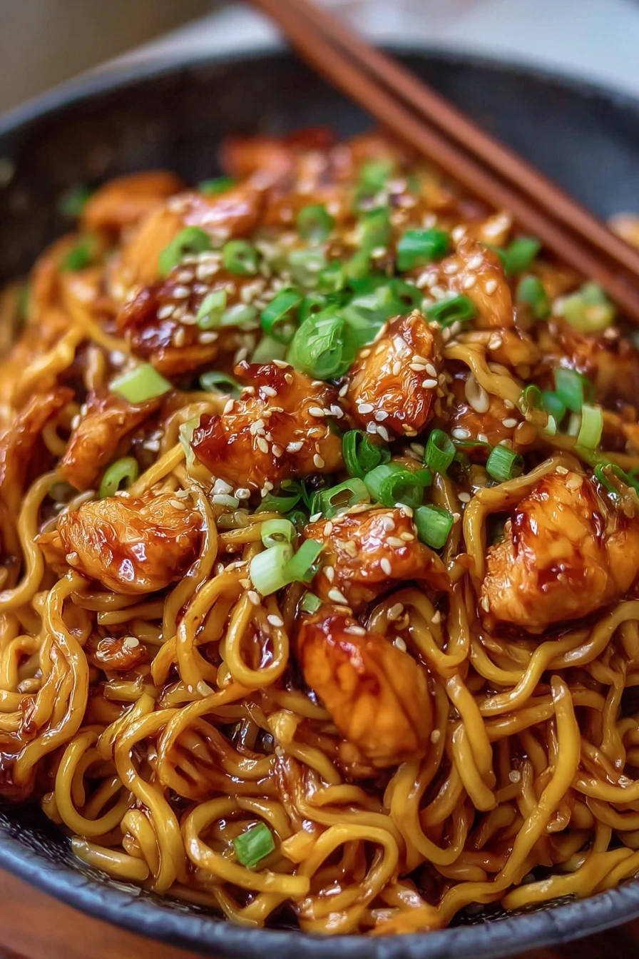 sticky garlic chicken noodles, savory, aromatic, flavorful, mouthwatering, Asian-inspired, delicious, satisfying