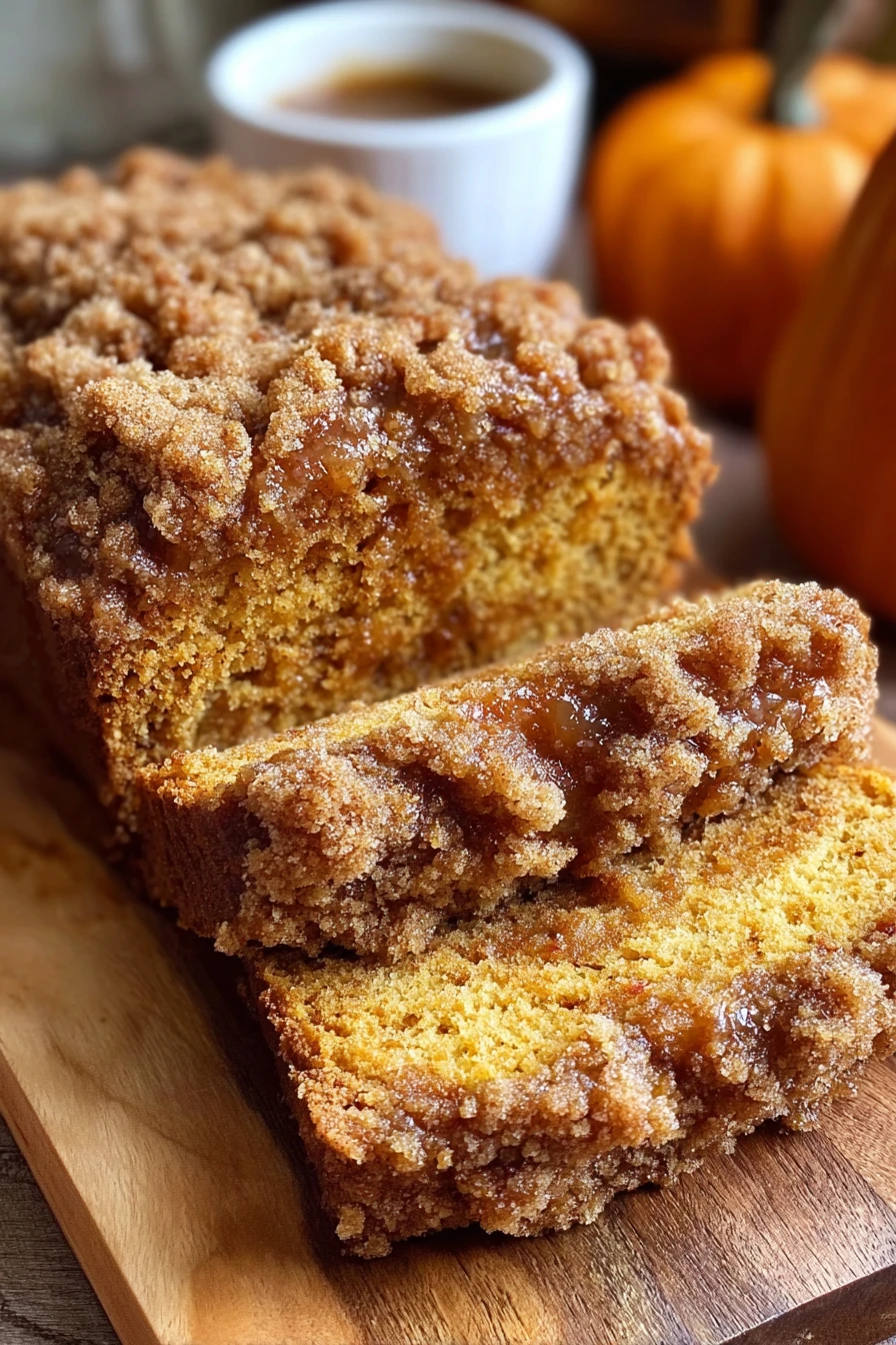 streusel-topped pumpkin loaf, delicious, moist, autumn flavors, cinnamon swirls, sweetened pumpkin, crunchy topping