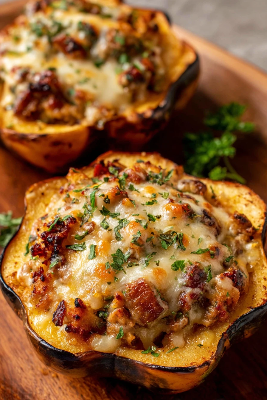Stuffed, baked, acorn squash, savory, delicious, fall recipe, hearty meal
